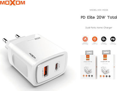 Moxom Încărcător Fără Cablu cu Port USB-A și Port USB-C 18W Quick Charge 3.0 Albς (MX-HC66)