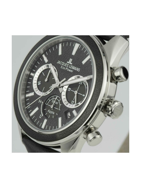 Jacques Lemans Eco Power Watch Chronograph Solar with Black Leather Strap