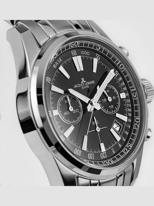 Jacques Lemans Liverpool Ανδρικό Ρολόι 44mm Χρονογράφος Μπαταρίας με Ασημί Μεταλλικό Μπρασελέ