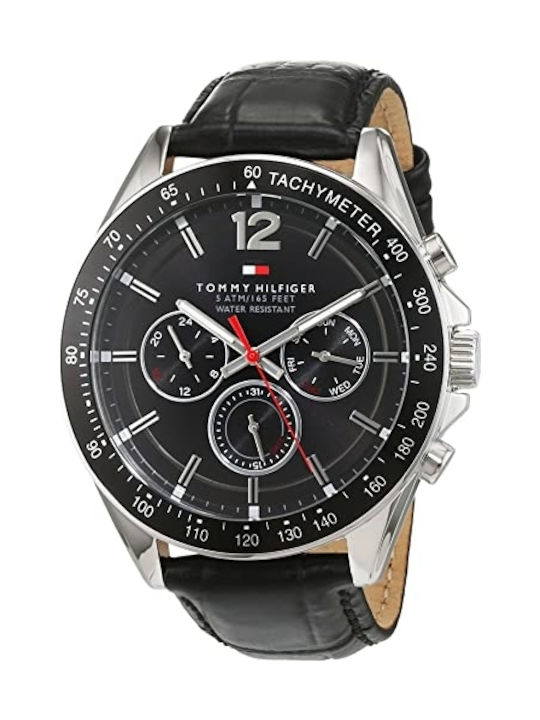 Tommy Hilfiger Luke Ανδρικό Ρολόι 47mm Χρονογράφος Μπαταρίας με Μαύρο Δερμάτινο Λουράκι