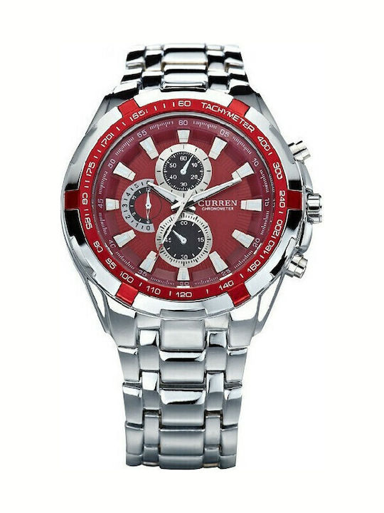 Curren Men's Watch 45mm Chronograph Battery with Metal Bracelet Silver - Red