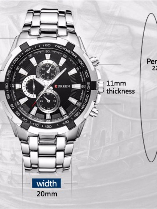 Curren Ανδρικό Ρολόι 45mm Χρονογράφος Μπαταρίας με Μεταλλικό Μπρασελέ Silver White