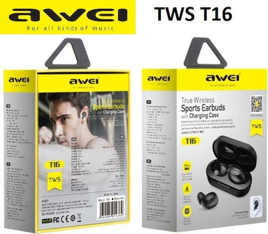 Awei T16 In-ear Bluetooth Handsfree Ακουστικά με Αντοχή στον Ιδρώτα και Θήκη Φόρτισης Μαύρα