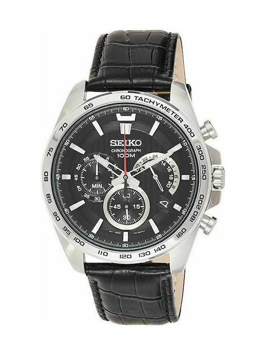 Seiko Men's Watch 44mm Chronograph Battery with Black Leather Strap