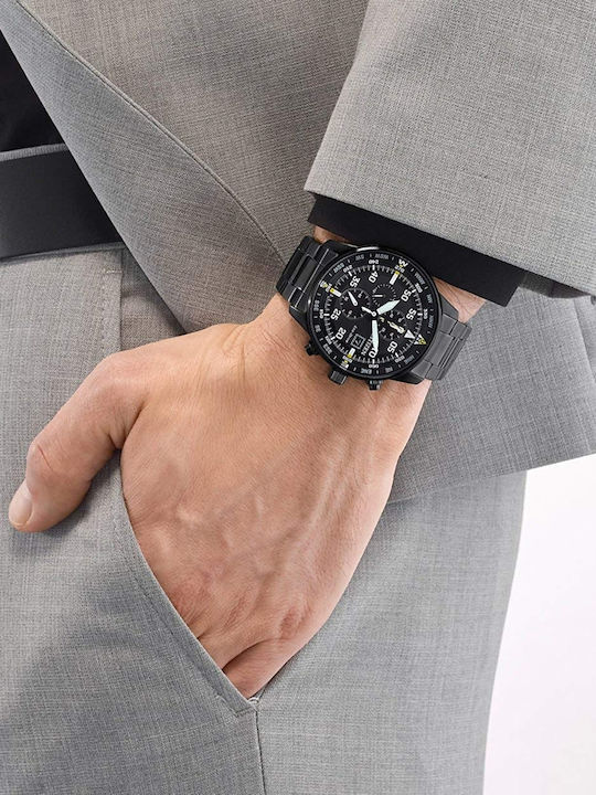 Citizen Ανδρικό Ρολόι 44mm Χρονογράφος Eco - Drive με Μαύρο Μεταλλικό Μπρασελέ