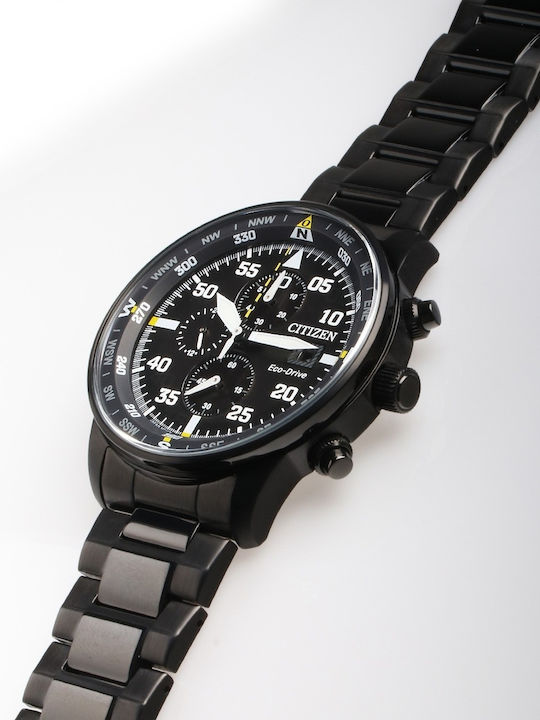 Citizen Ανδρικό Ρολόι 44mm Χρονογράφος Eco - Drive με Μαύρο Μεταλλικό Μπρασελέ