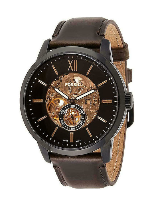 Fossil Ανδρικό Ρολόι 48mm Αυτόματο με Καφέ Δερμάτινο Λουράκι