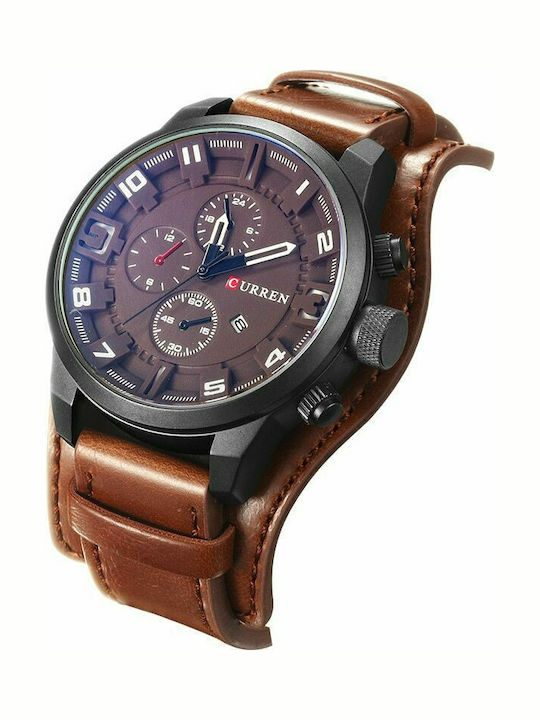 Curren Ανδρικό Ρολόι 48mm Χρονογράφος Μπαταρίας με Δερμάτινο Λουράκι Brown