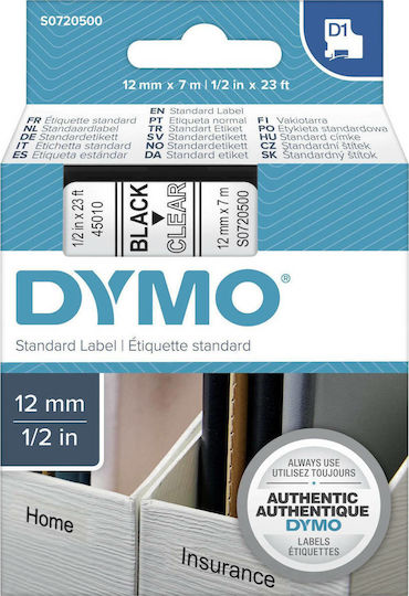 Dymo 45010 Label Maker Tape 7m x 12mm in Transparent Colour Compatible with Dymo D1