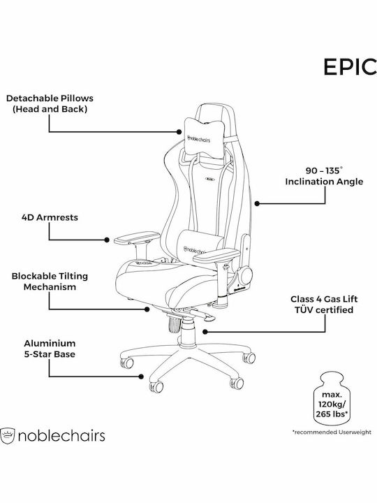 Noblechairs Epic Καρέκλα Gaming Δερματίνης με Ρυθμιζόμενα Μπράτσα Μαύρο/Χρυσό
