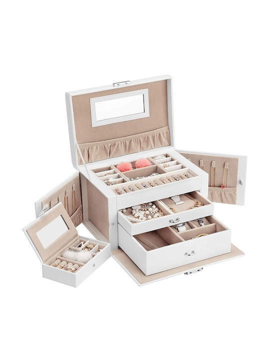 Songmics Metal Jewellery Box with Drawer & Mirror White 26x18x17cm