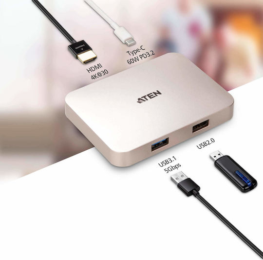 Aten USB-C Docking Station με HDMI 4K PD Φούξια (UH3235-AT)