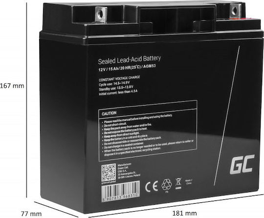 Green Cell Μπαταρία UPS με Χωρητικότητα 15Ah και Τάση 12V AGM53