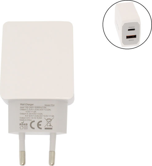 Awei Φορτιστής με Θύρα USB-A και Θύρα USB-C και Καλώδιο USB-C 20W Power Delivery / Quick Charge 3.0 Λευκός (PD4)