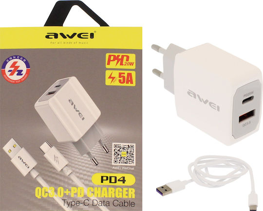 Awei Φορτιστής με Θύρα USB-A και Θύρα USB-C και Καλώδιο USB-C 20W Power Delivery / Quick Charge 3.0 Λευκός (PD4)