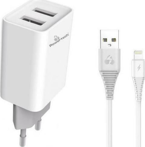Powertech Powertech Handyladegerät Mit 2 USB-A Ausgangsanschlüsse Und Kabel Lightning Weiß (PT-777)
