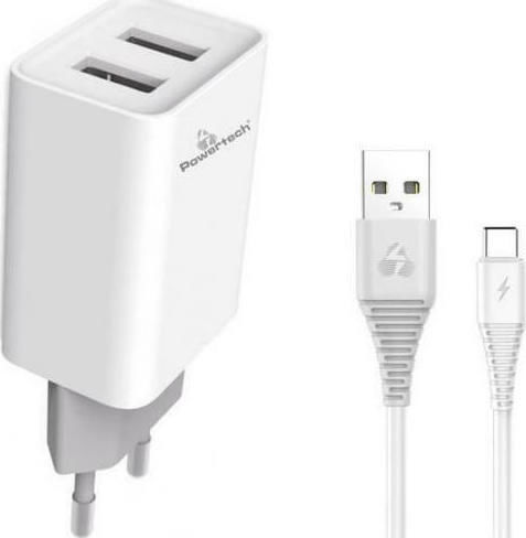 Powertech Ladegerät mit 2 USB-A Anschlüsse und Kabel USB-C Weißs (PT-776)