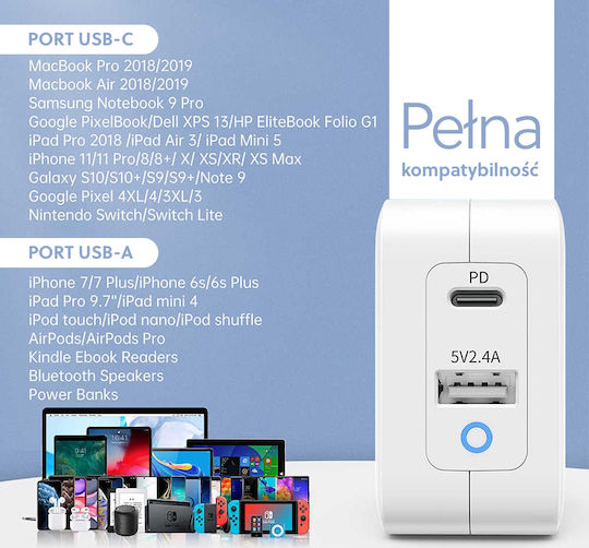 Choetech GaN Kabelloser Handyladegerät mit USB-A und USB-C Ausgangsanschlüssen Weiß (PD8002)