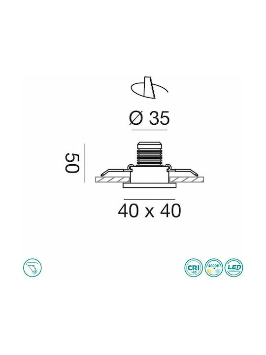 Gea Luce Elara Square Metallic Recessed Spot with Integrated LED and Natural White Light White 4x4cm. 1pcs