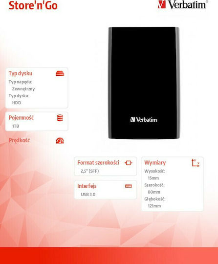 Verbatim Store 'n' Go USB 3.0 External 2.5" HDD 1TB Black