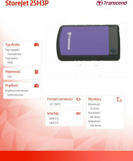 Transcend StoreJet 25H3P USB 3.0 External 2.5" HDD 1TB Purple