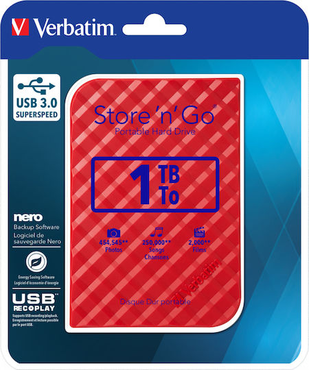 Verbatim Store 'n' Go Gen 2 USB 3.0 Εξωτερικός HDD 1TB 2.5" Κόκκινο
