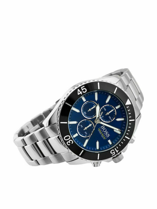 Boss Ocean Edition Ανδρικό Ρολόι 48mm Χρονογράφος Μπαταρίας με Ασημί Μεταλλικό Μπρασελέ
