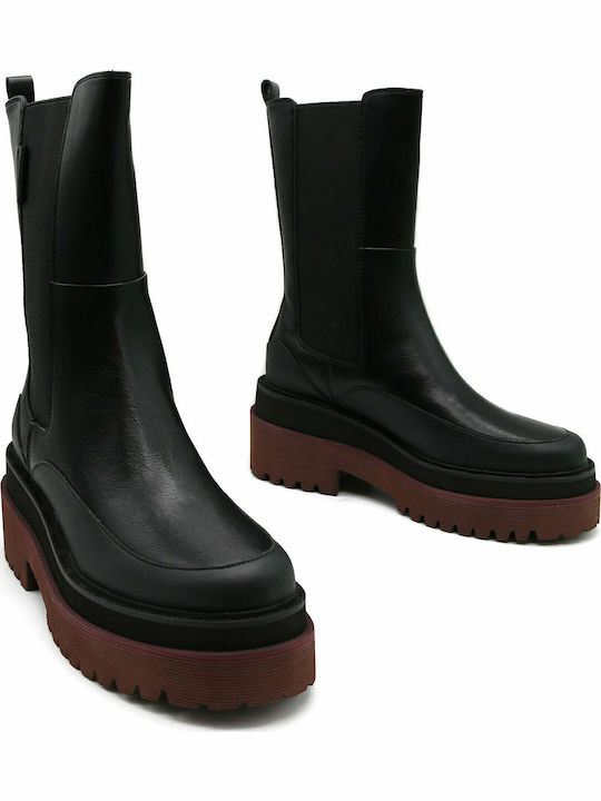 Purple 10 Leather Women's Chelsea Boots with Medium Heel Black