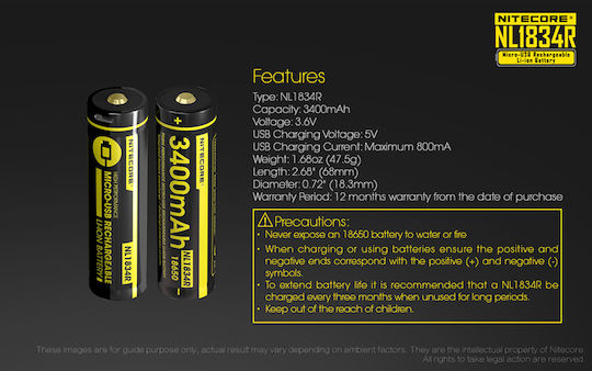 NiteCore NL1834R Презареждаща батерия 18650 Li-ion 3400mAh 3.6V 1бр