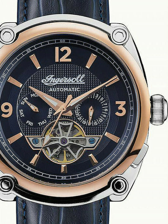 Ingersoll Michigan Ανδρικό Ρολόι 45mm Χρονογράφος Αυτόματο με Μπλε Δερμάτινο Λουράκι