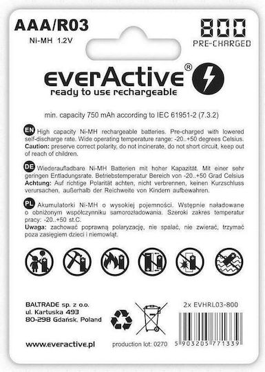 EverActive Silver Line Wiederaufladbare Batterien AAA Ni-MH 800mAh 1.2V 2Stück