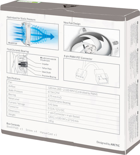 Arctic Bionix P120 Case Fan (2100rpm / 67.56cfm) Χωρίς Led Φωτισμό και Σύνδεση 4-Pin Molex / 4-Pin PWM Grey/White