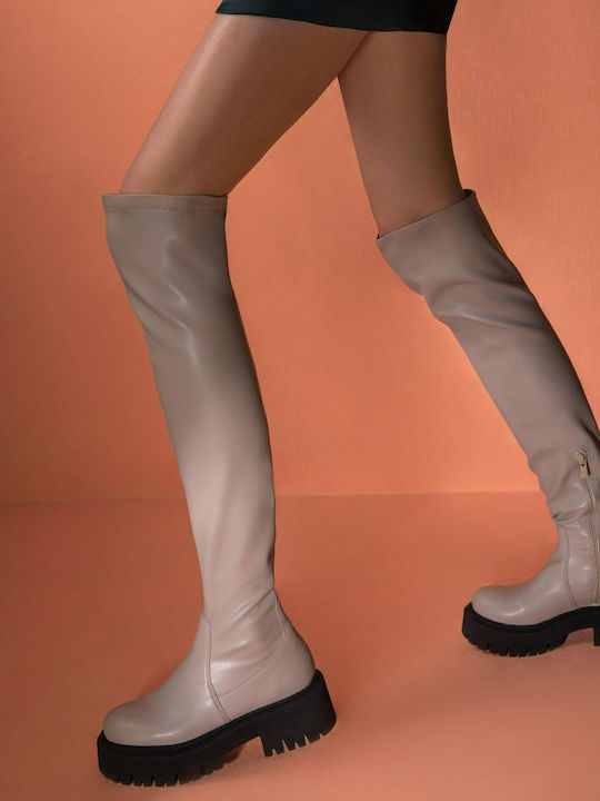 Leather Over the Knee Medium Heel Women's Boots with Rubber / Zipper Beige