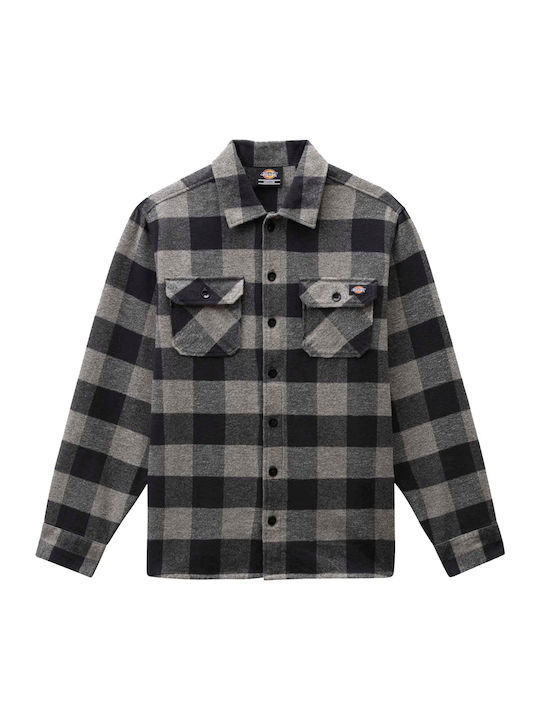 Sacramento Long Sleeve Flannel Overshirt in Narrow Fit Checked Grey Melange