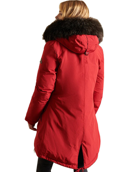 Superdry Rookie Lung Jachetă de femei tip parka cu glugă de blană pentru iarnă Hike Red