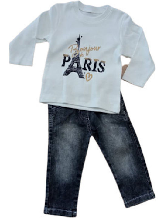 Set of 3 pieces. Denim Pants, BONJOUR PARIS Jeans, Blouse and Jacket Gold-White