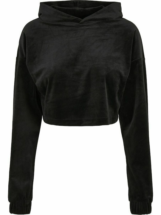 Cropped Women's Velvet Sweatshirt with Hood Black