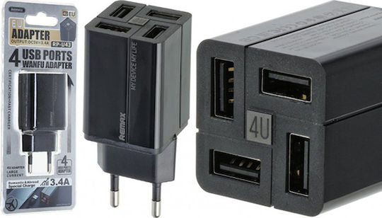 Remax Ladegerät ohne Kabel mit 4 USB-A Anschlüsse Schwarzs (RP-U43)