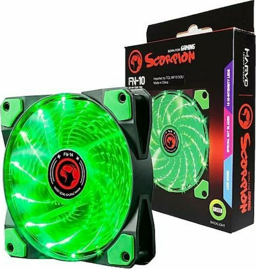 Marvo FN10 Case Fan 120mm (1200rpm / 53.2cfm) With Green Lighting And 3-Pin / 4-Pin Molex Green Connection