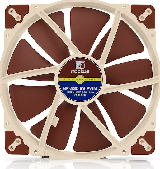 Noctua NF-A20 5V Gehäuselüfter 200mm (800rpm / 86,46cfm) Ohne LEDs Beleuchtung und Verbindung 4-Pin PWM Braune