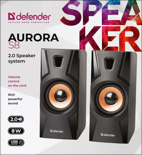 Defender Aurora S8 Ηχεία Υπολογιστή 2.0 με Ισχύ 8W σε Μαύρο Χρώμα