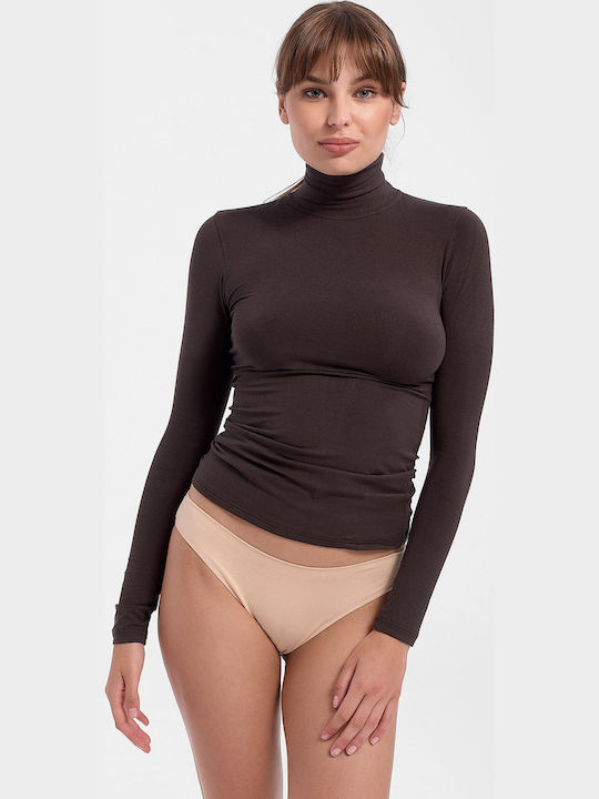 Women's Long Sleeve Turtleneck T-Shirt Chocolate