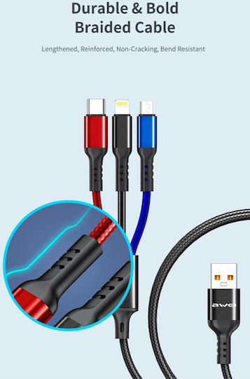 Awei CL-971 Braided USB to Lightning / Type-C / micro USB 1.2m 2.4A Cable (x24785)