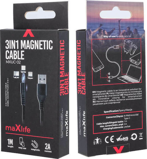 Maxlife MXUC-02 Braided / Magnetic USB to Lightning / Type-C / micro USB Cable 2A Μαύρο 1m