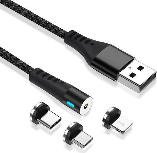 Maxlife MXUC-02 Braided / Magnetic USB to Lightning / Type-C / micro USB Cable 2A Μαύρο 1m