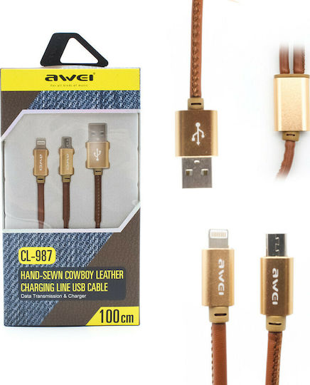 Awei CL-987 Braided USB to micro USB / Lightning Cable Μπεζ 1m