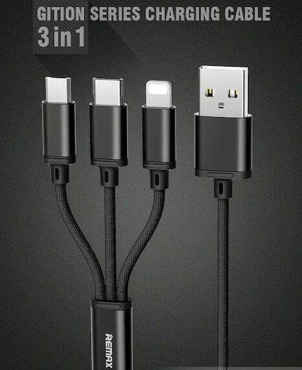 Remax Gition RC-131th Braided Cablu USB la Lightning / Type-C / micro USB cu mai multe porturi 2.8A Negru 1.15m