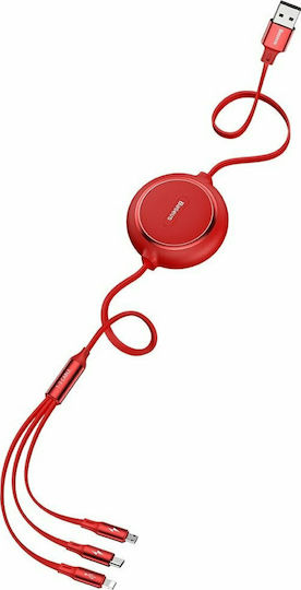 Baseus Golden Loop Retractable USB to Lightning / Type-C / micro USB 1.2m 3.5A Cable Red (CAMLT-JH09)