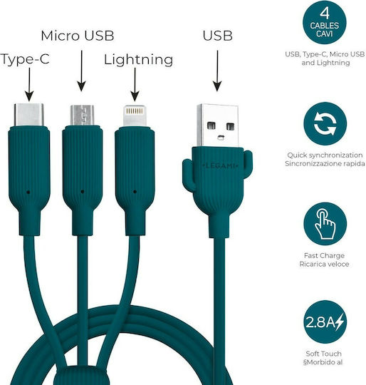 Legami Milano Three Hugs Редовен USB към Мълния / Type-C / микро USB Кабел 2.8Спецификация Зелен 1м (CCA0001)