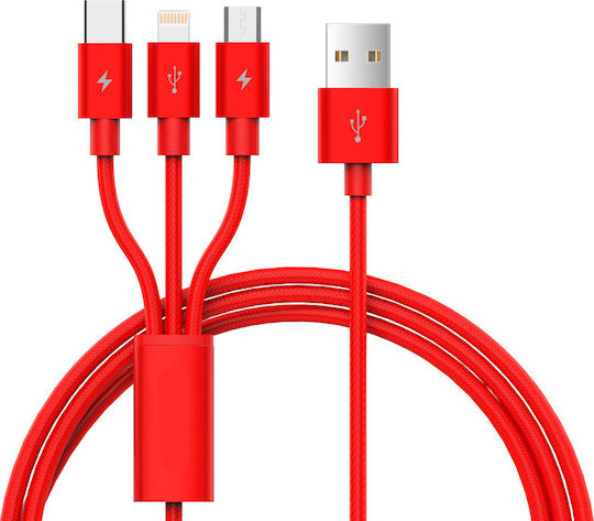 Regular USB to Lightning / Type-C / micro USB Cable Κόκκινο 1m (3885)